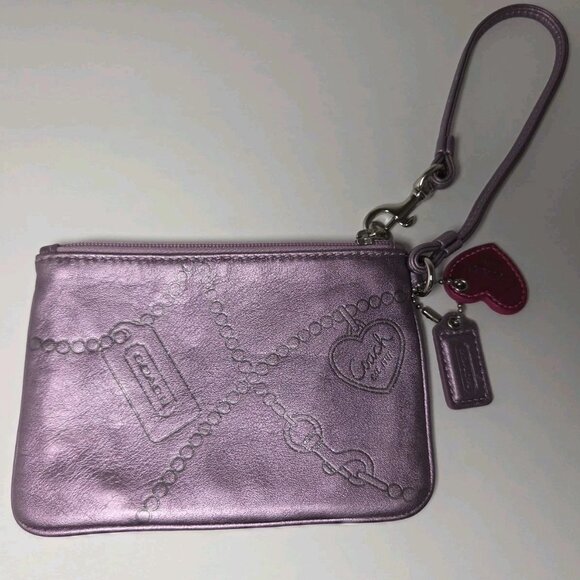 Coach Valentine Edition Wristlet Purple/Pink Metallic and Coach Heart & Hang Tag - Picture 2 of 5